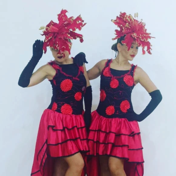 Black and red flower head hostess