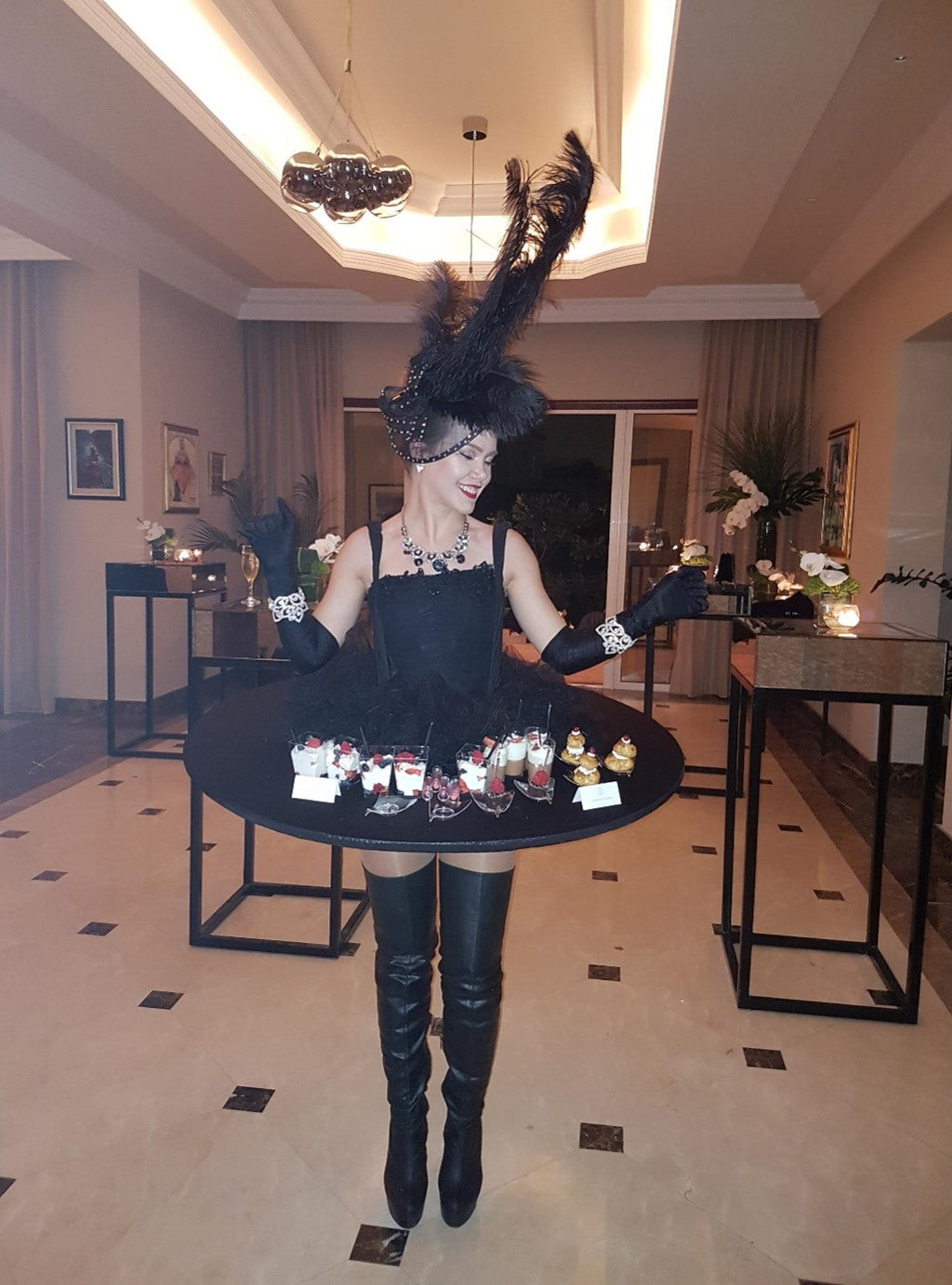 Fancy Black Tray Strolling Table Lady