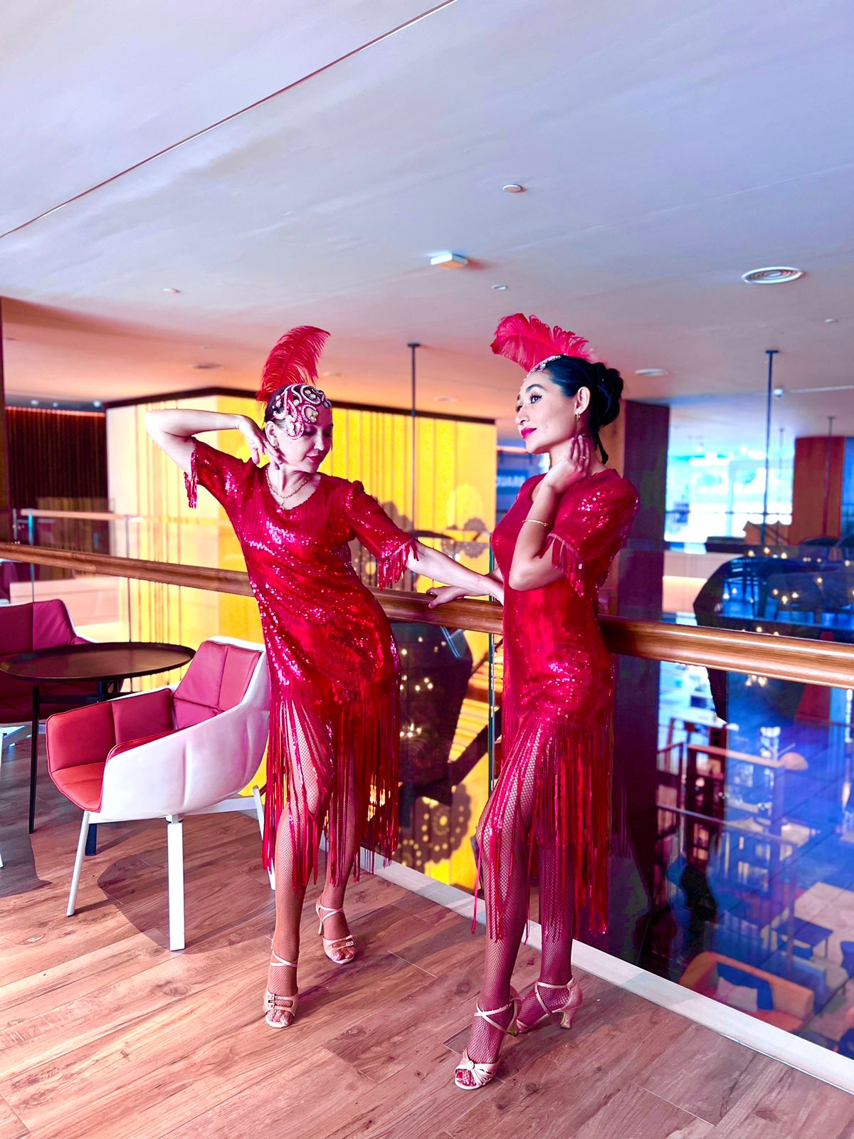 Red cabaret feather lady hostess